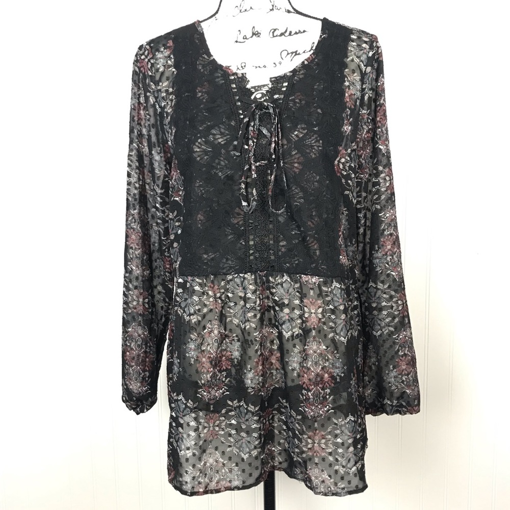 Maurices Sheer Black Floral Peasant Top Lace Front